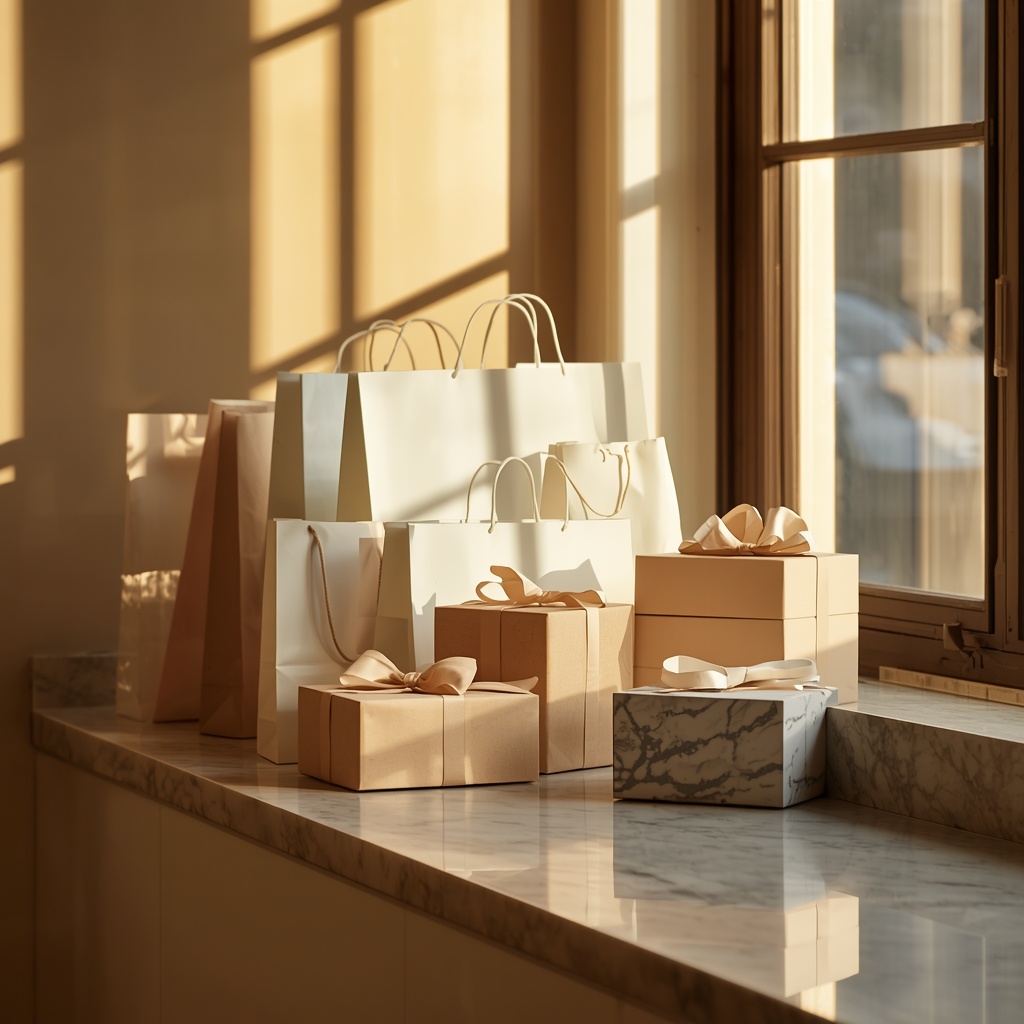 A collection of neatly arranged shopping bags and gift boxes on a marble countertop with warm natural light streaming in from a nearby window