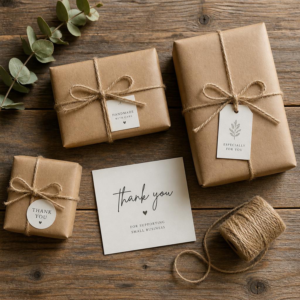 A flat lay of packaged products with brown paper wrapping, twine, and a thank you card on a rustic wooden table with soft natural lighting